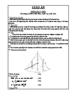 Giáo án môn Hình học 12 (nâng cao) - Mặt cầu, mặt trụ, mặt nón