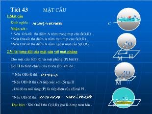 Bài giảng lớp 10 môn Hình - Tiết 43: Mặt cầu