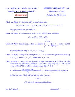Đề và đáp án thi học sinh giỏi môn toán Trường THPT Nguyễn Gia Thiều ngày thi 17 – 03 – 2012