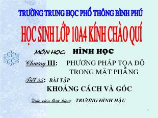 Bài giảng lớp 10 môn Hình học - Tiết 35: Bài tập khoảng cách và góc